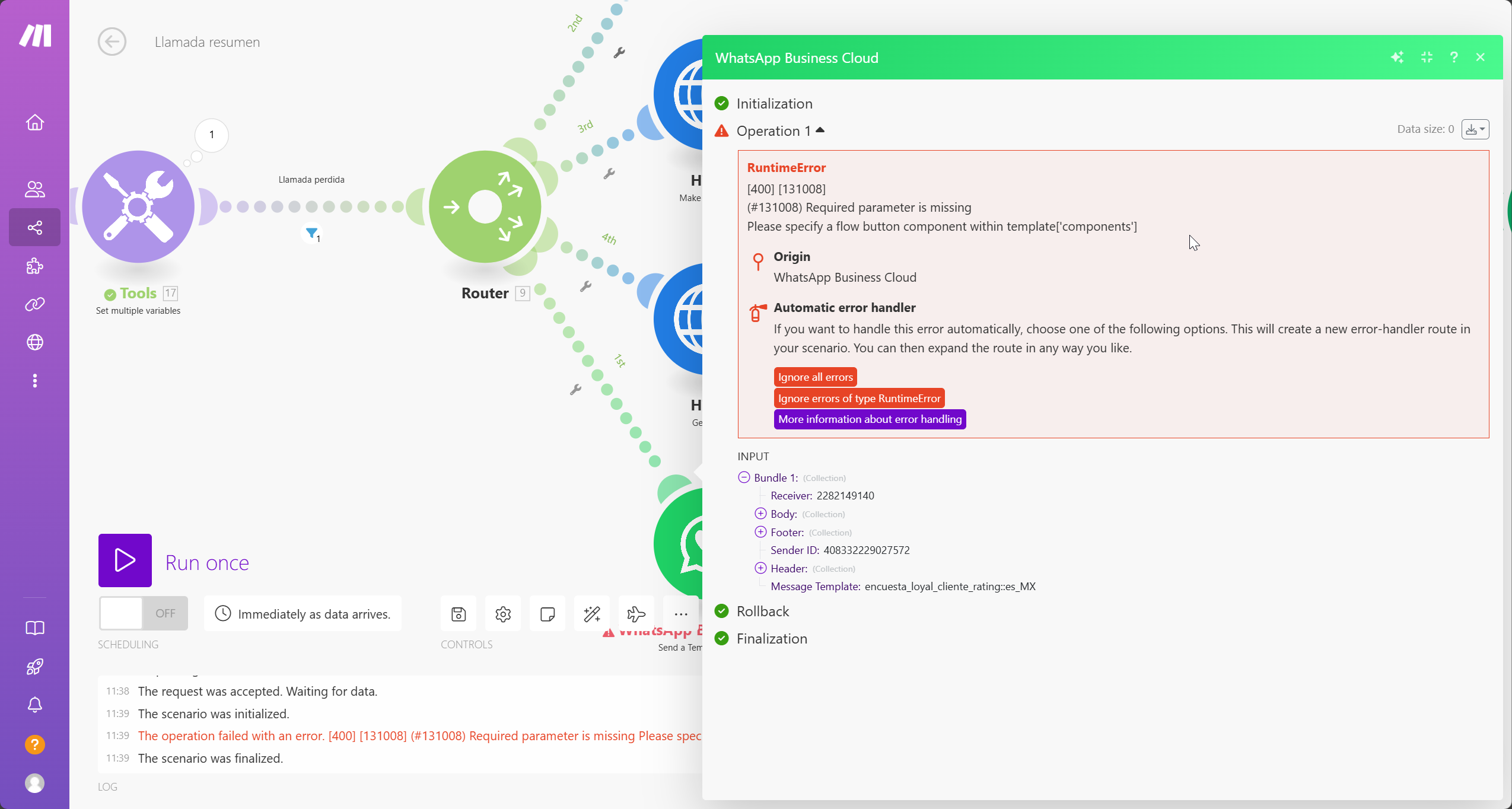 Solved error RuntimeError [400] [131008] in make.com for WhatsApp Flow